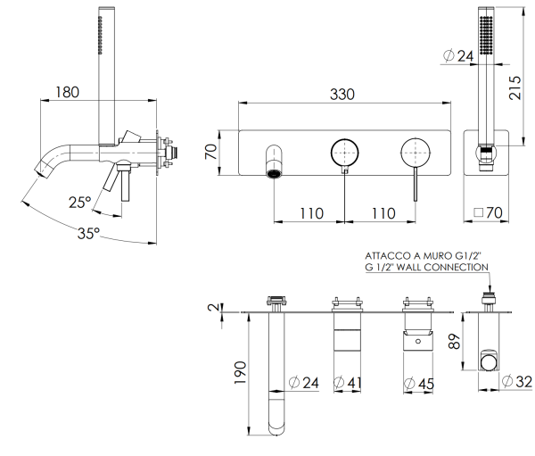 Смеситель для ванны Remer Metrica MC53D2WBNO, черный матовый