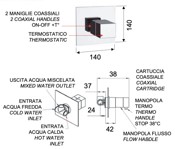 Смеситель термостатический для душа Remer Q-Elegance QT30DO, золото глянцевое