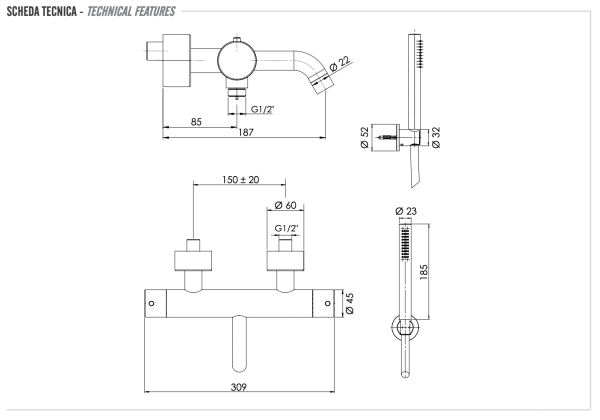 Смеситель термостатический для ванны Remer X Style INOX SSXT02, нержавеющая сталь