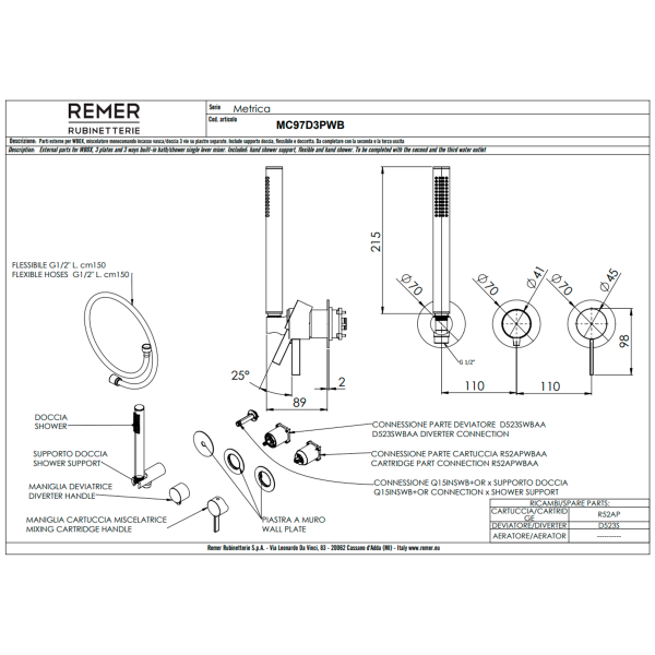 Смеситель для душа Remer Metrica MC97D3PWBBO, белый матовый