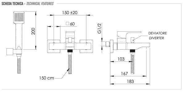 Смеситель для ванны Remer Absolute AU02XV, сталь