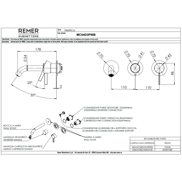 Смеситель для ванны Remer Metrica MC54D3PWBCFP, черный брашированный хром