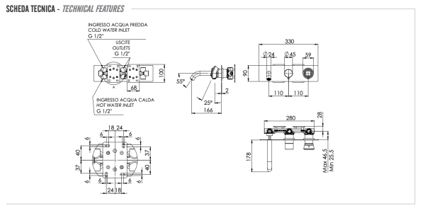 Смеситель для ванны Remer Element ET54D3BG, золото брашированное
